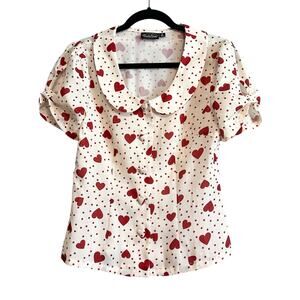 Voodoo Vixen Retro Pin-Up Cream & Heart Print Polka Dot Blouse Top Size S
